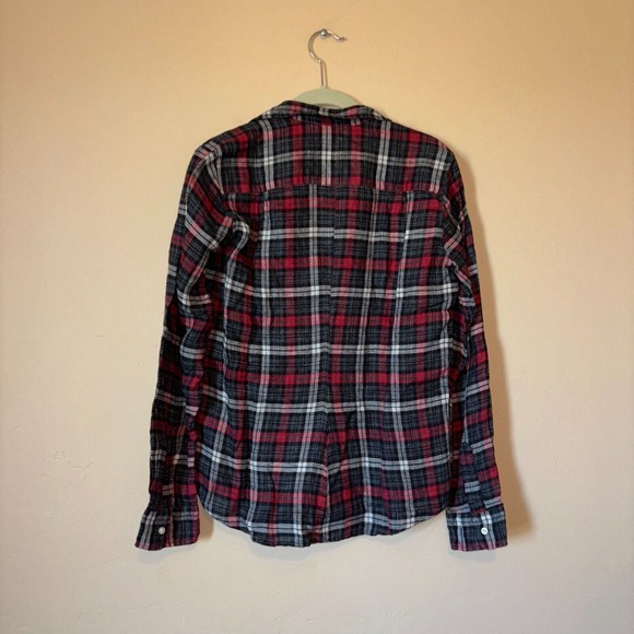Frank & Eileen Women's Small Barry Red Gray Plaid 100% linen Button Down Blouse - Picture 3 of 11